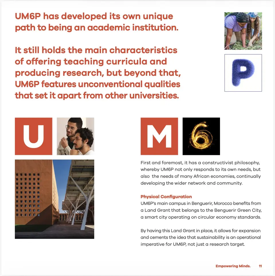 UM6P brand guideline spread — constructivist philosophy