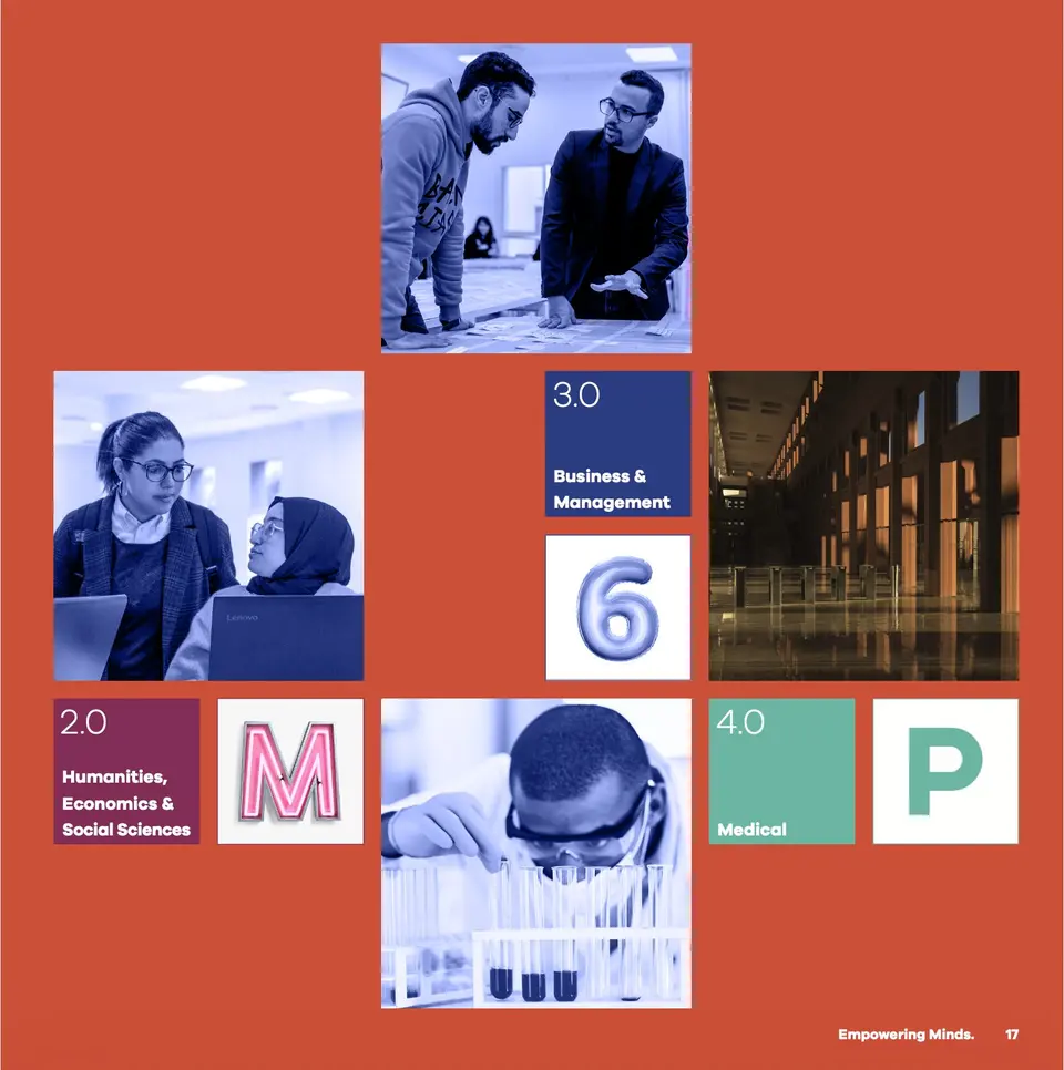 UM6P brand guideline spread — research clusters grid